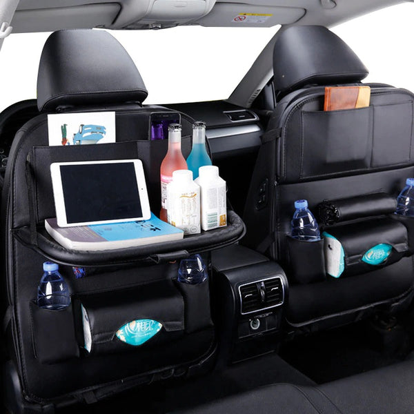 Car Seat Back  Pu Leather Pad Bag Car Storage Organizer Foldable Table Tray Travel Storage Bag Auto Accessories